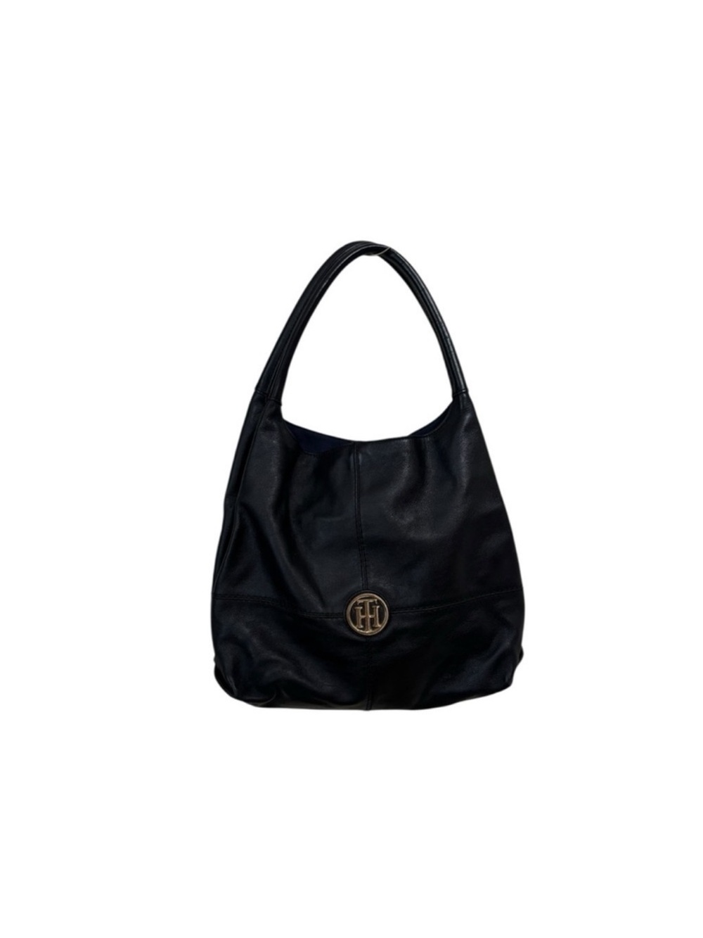 Tommy Hilfiger black leather classic shoulder catch all work tote purse bag